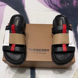 Burberry Black, Tan, and Red Slide Sandals